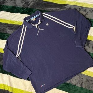 Vintage Rocawear Men's Navy Long-Sleeve Polo with White Stripes Size XL